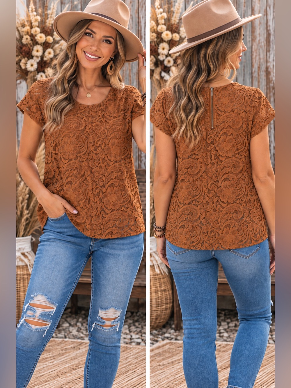 Ann Taylor Rust Lace Short-Sleeve Blouse